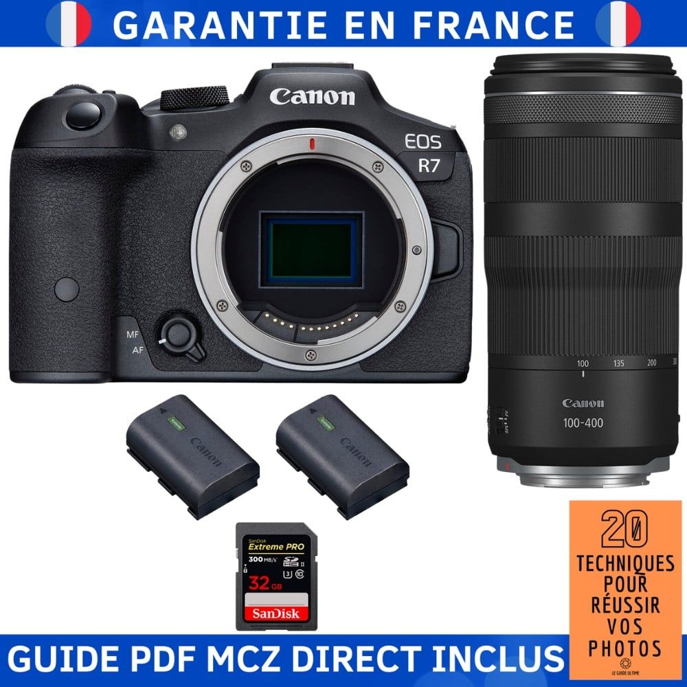 Canon EOS R7 + objectif RF 100-400mm IS + carte mémoire Sandisk 32 Go Extreme PRO UHS-II SDXC 300 Mo/s + 2 batteries Canon LP-E6NH + guide PDF MCZ DIRECT '20 techniques pour réussir vos photos