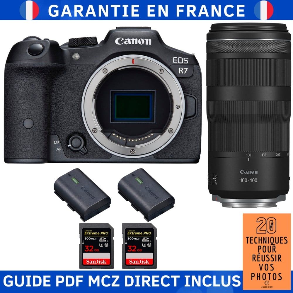 Canon EOS R7 + RF 100-400mm f/4-5.6 IS + 2 x SanDisk 32Go Extreme PRO UHS-II SDXC 300Mo/s + 2 x Canon LP-E6NH + Guide PDF MCZ