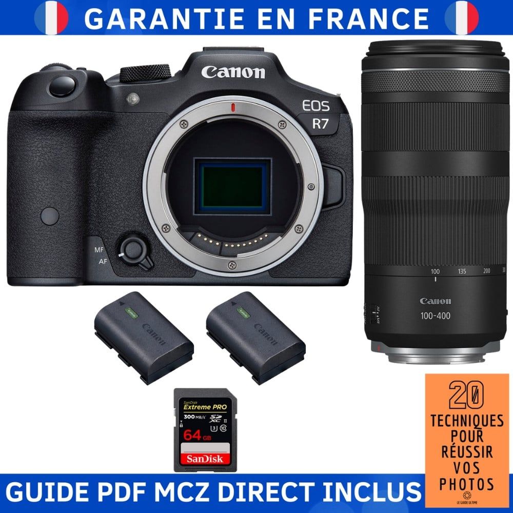 Canon EOS R7 + objectif RF 100-400mm IS + 1 carte SanDisk 64 Go Extreme PRO UHS-II SDXC 300 Mo/s + 2 batteries Canon LP-E6NH + guide PDF MCZ DIRECT '20 techniques pour réussir vos photos