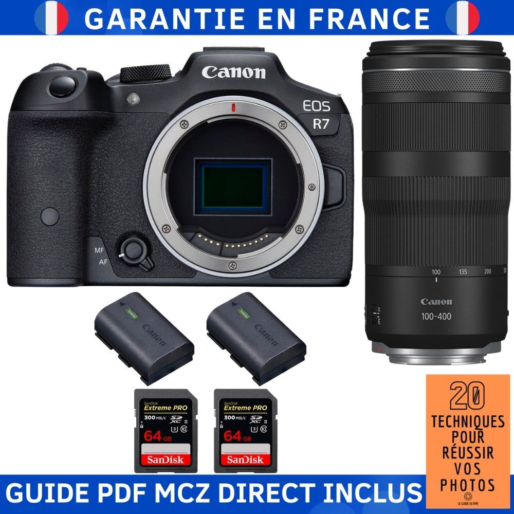 Canon EOS R7 + Objectif RF 100-400mm IS + 2 Cartes mémoire SanDisk Extreme PRO UHS-II 64 Go + 2 Batteries Canon LP-E6NH + Guide PDF MCZ DIRECT '20 Techniques pour Réussir vos Photos