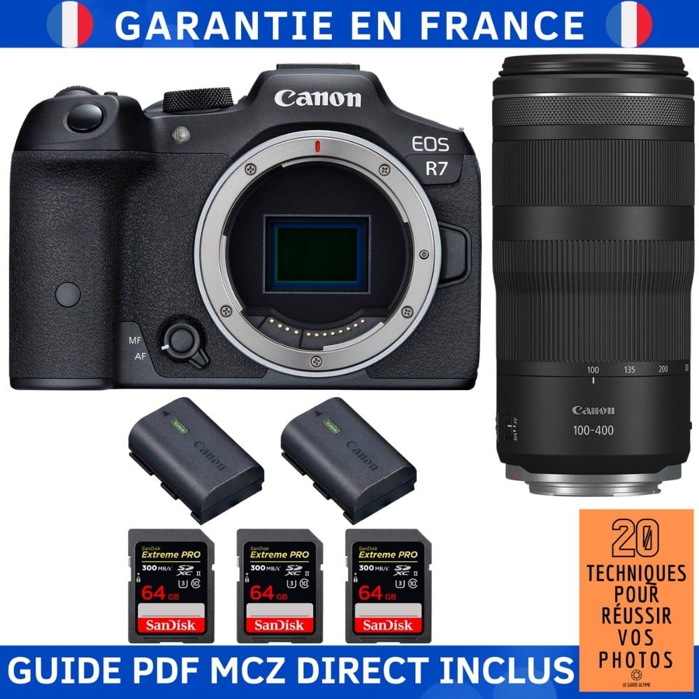 Canon EOS R7 + objectif RF 100-400mm IS + 3 cartes mémoire SanDisk 64 Go Extreme PRO UHS-II SDXC 300 Mo/s + 2 batteries Canon LP-E6NH + guide PDF MCZ DIRECT : 20 techniques pour réussir vos photos