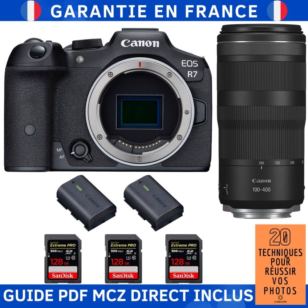 Canon EOS R7 + Objectif RF 100-400mm IS + 3 Cartes Mémoire SanDisk 128Go Extreme PRO UHS-II SDXC 300 Mo/s + 2 Batteries Canon LP-E6NH + Guide PDF MCZ