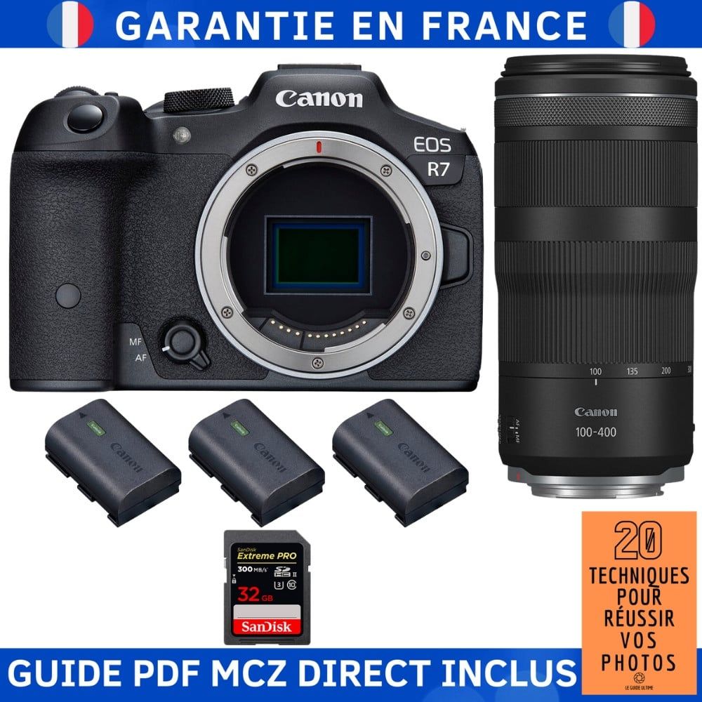 Canon EOS R7 + objectif RF 100-400mm IS + 1 carte Sandisk 32Go Extreme PRO UHS-II SDXC 300 Mo/s + 3 batteries Canon LP-E6NH + guide PDF MCZ DIRECT '20 techniques pour réussir vos photos
