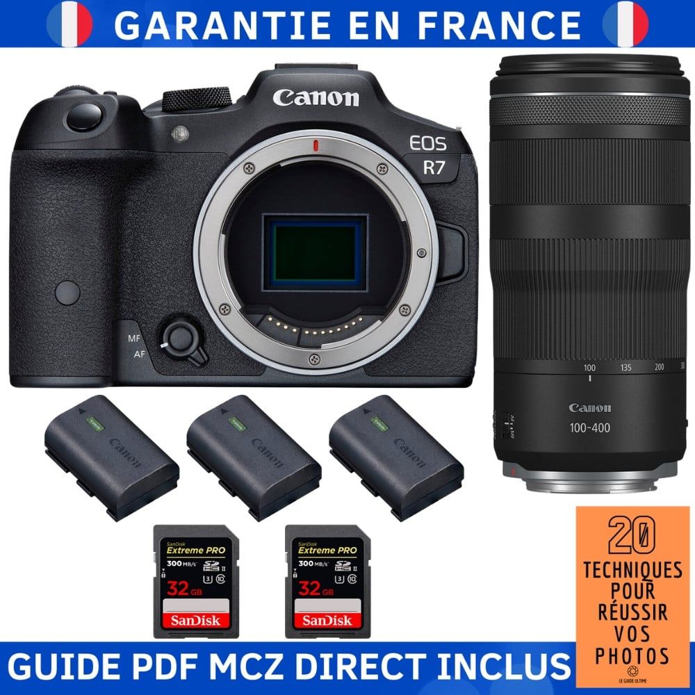 Canon EOS R7 + RF 100-400mm IS + 3x SanDisk 32GB Extreme PRO UHS-II SDXC 300 MB/s + 3x Canon LP-E6NH + Guía PDF MCZ DIRECT '20 Técnicas para Lograr Fotos Exitosas