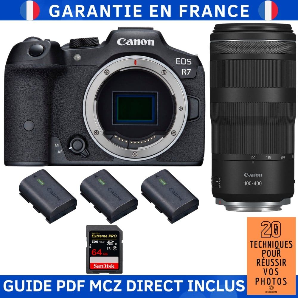 Canon EOS R7 + Objectif RF 100-400mm IS + Carte SDXC 64Go SanDisk Extreme PRO UHS-II + 3 Batteries LP-E6NH Canon + Guide PDF MCZ DIRECT '20 Techniques pour Réussir vos Photos