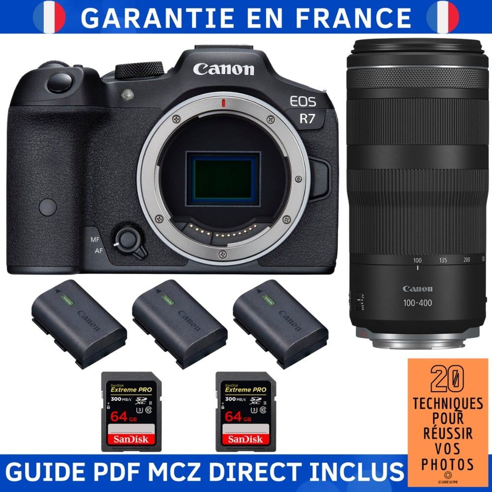 Canon EOS R7 + objectif RF 100-400mm IS + 2 cartes SD SanDisk 64 Go Extreme PRO UHS-II + 3 batteries LP-E6NH Canon + guide technique MCZ DIRECT 20 techniques pour réussir vos photos