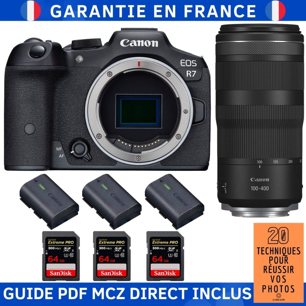 Canon EOS R7 + Lente RF 100-400mm IS + 3 Tarjetas SDXC SanDisk Extreme PRO de 64GB UHS-II 300 MB/s + 3 Baterías Canon LP-E6NH + Guía PDF MCZ DIRECT '20 Técnicas para Lograr Fotos Exitosas