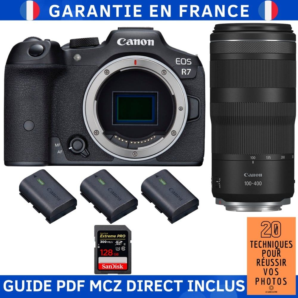 Canon EOS R7 + lente RF 100-400mm IS + tarjeta SanDisk 128GB Extreme PRO UHS-II 300 MB/s + 3 baterías LP-E6NH Canon + MCZ DIRECT '20 técnicas para lograr tus fotos