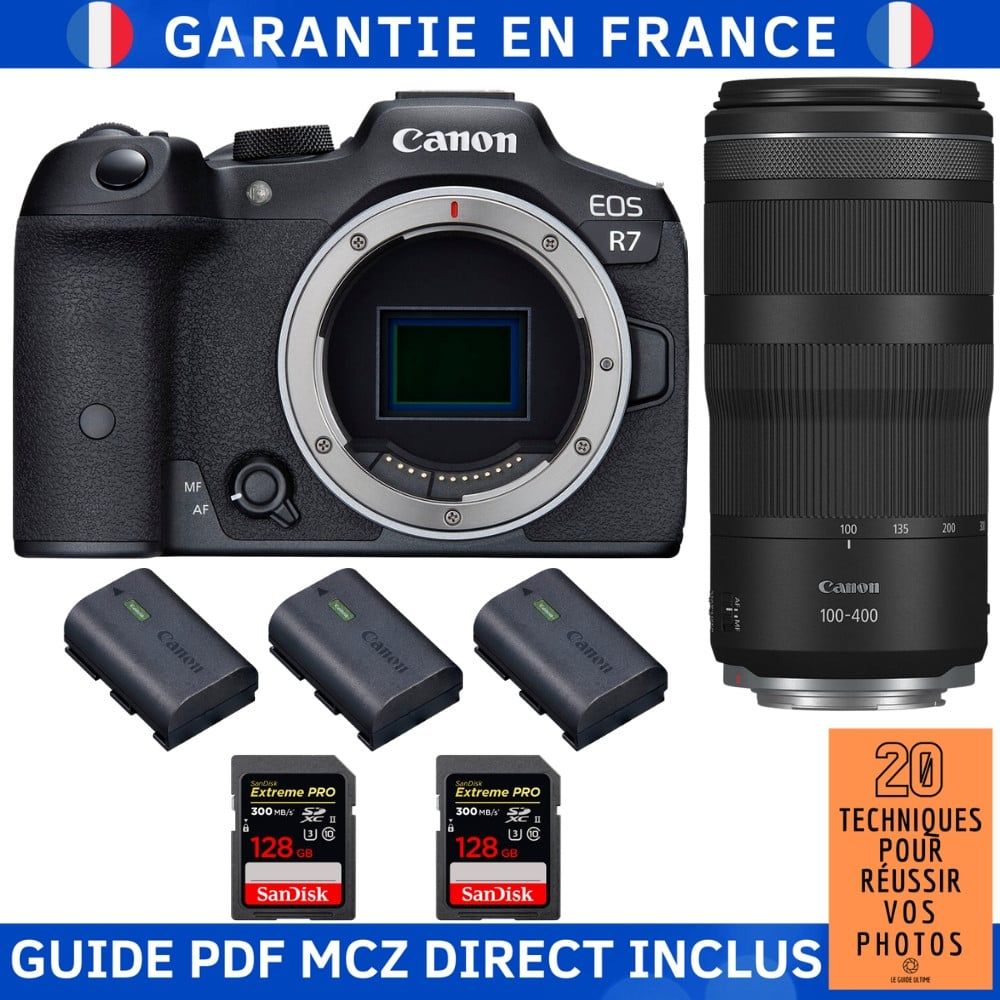 Canon EOS R7 + Objectif RF 100-400mm IS + 2 Cartes SanDisk 128GB Extreme PRO UHS-II SDXC + 3 Batteries LP-E6NH Canon + Guide MCZ DIRECT '20 Techniques pour Réussir vos Photos