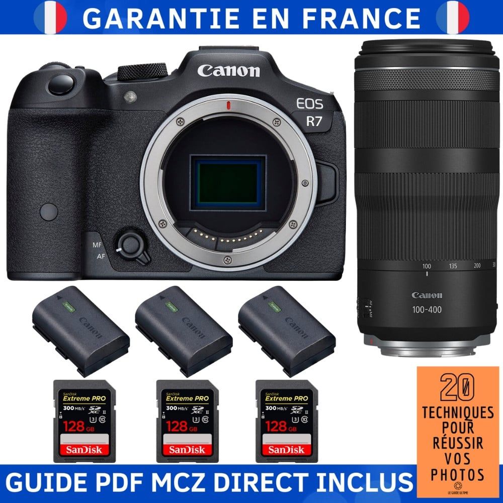 Canon EOS R7 + objetivo RF 100-400mm IS + 3 tarjetas SanDisk 128GB Extreme PRO UHS-II SDXC + 3 baterías LP-E6NH Canon + guía PDF MCZ DIRECT '20 técnicas para lograr tus fotos