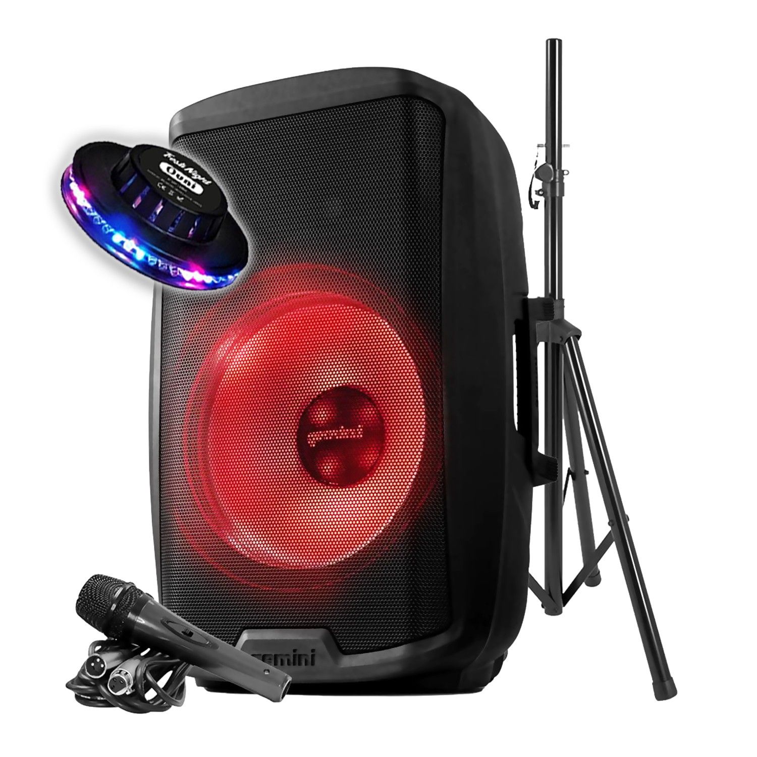 Gemini AS-2115BT-LT-PK Active Speaker, 15" Boomer with LED Lighting - 2000W, USB SD Bluetooth TWS FM, Stand, Microphone, UFO Light Effect