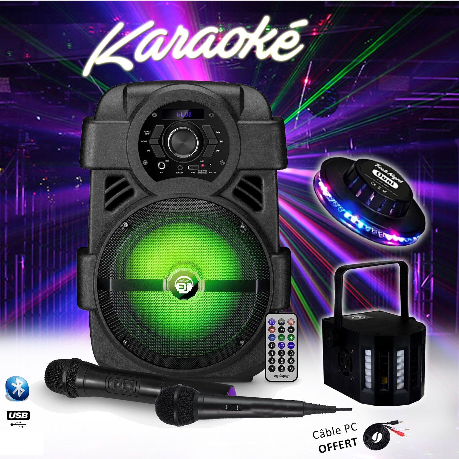 Altavoz karaoke Mydj con LED - Altavoz portátil Sonic08 de DJ de 400W con Bluetooth, USB y micrófonos, además de un espectáculo de luces