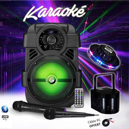 Haut-parleur karaoké Mydj à LED - Enceinte portable Sonic08 DJ de 400W avec Bluetooth, USB et microphones ainsi qu'un spectacle lumineux
