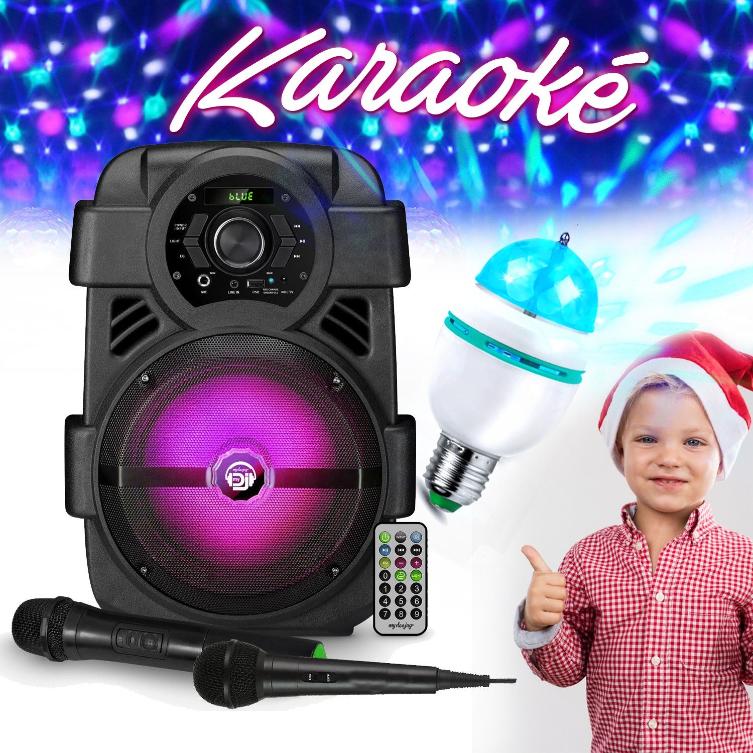 Mydj Kids Karaoke 400W LED Speaker - DJ Sono Battery with USB/Bluetooth + Microphones
