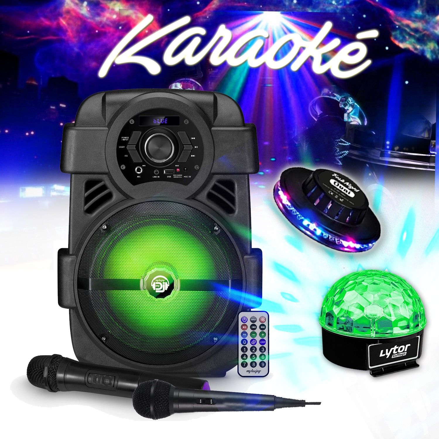 Kit Karaoké LED - Enceinte Mydj Sonic08 400W avec Bluetooth, USB et Micros sans fil - Cadeaux de Noël, Anniversaires