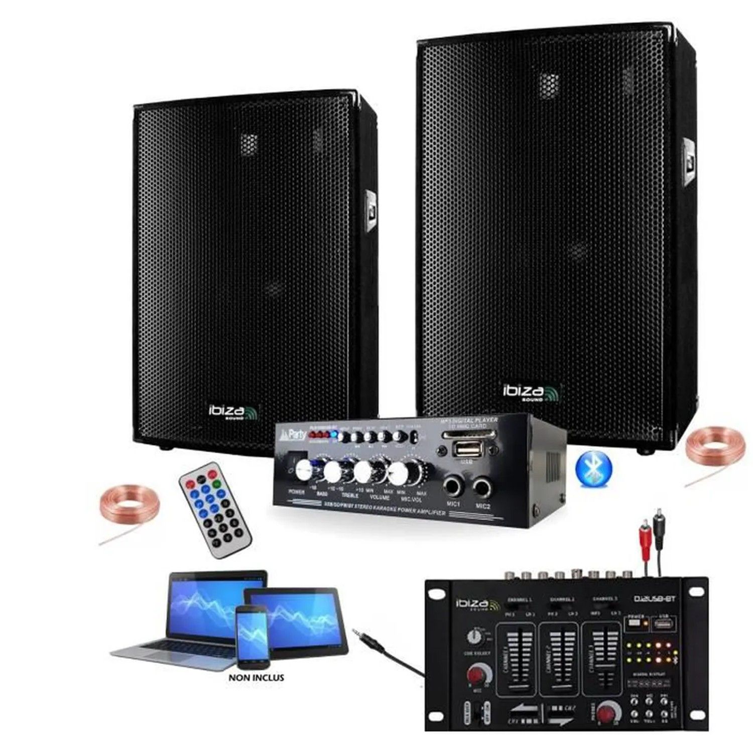 Pack Sonoro Bm Sonic 600W con Amplificador Bluetooth, Altavoces, Mesa de Mezcla USB y Cables
