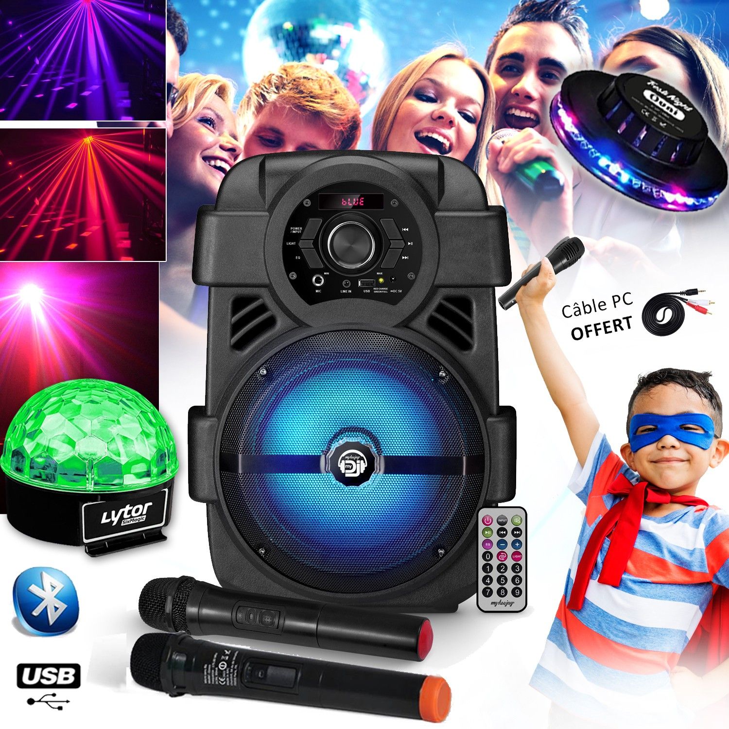 Haut-parleur My Deejay Sonic08 - Amplificateur 400W Bluetooth/USB avec micros sans fil, spectacle de lumières, cadeaux