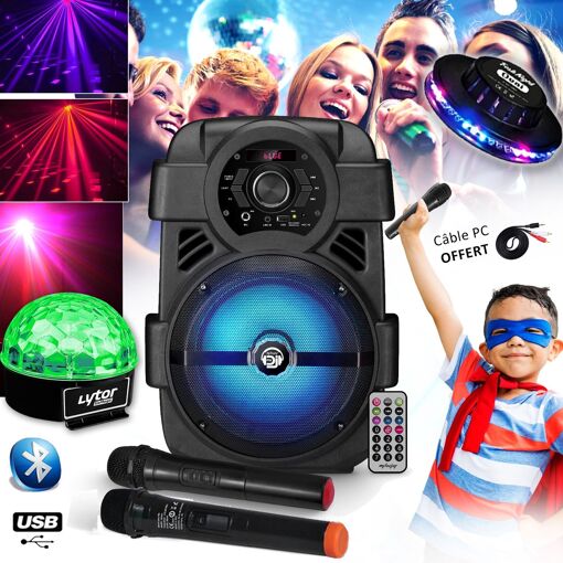 Haut-parleur My Deejay Sonic08 - Amplificateur 400W Bluetooth/USB avec micros sans fil, spectacle de lumières, cadeaux