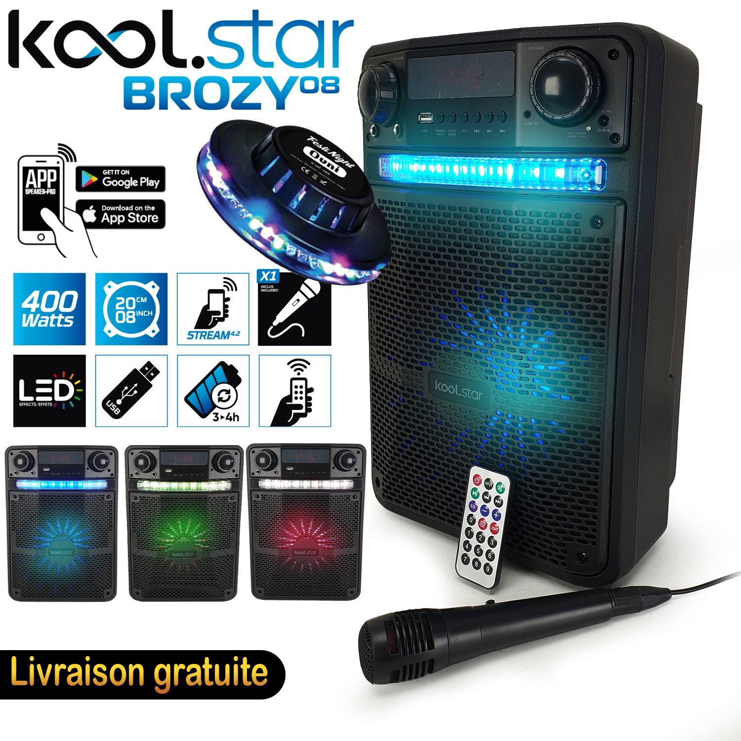 Koolstar BROZY08 400W Karaoke Speaker with LED Lights and Smartphone App - USB/Bluetooth, Microphone Included