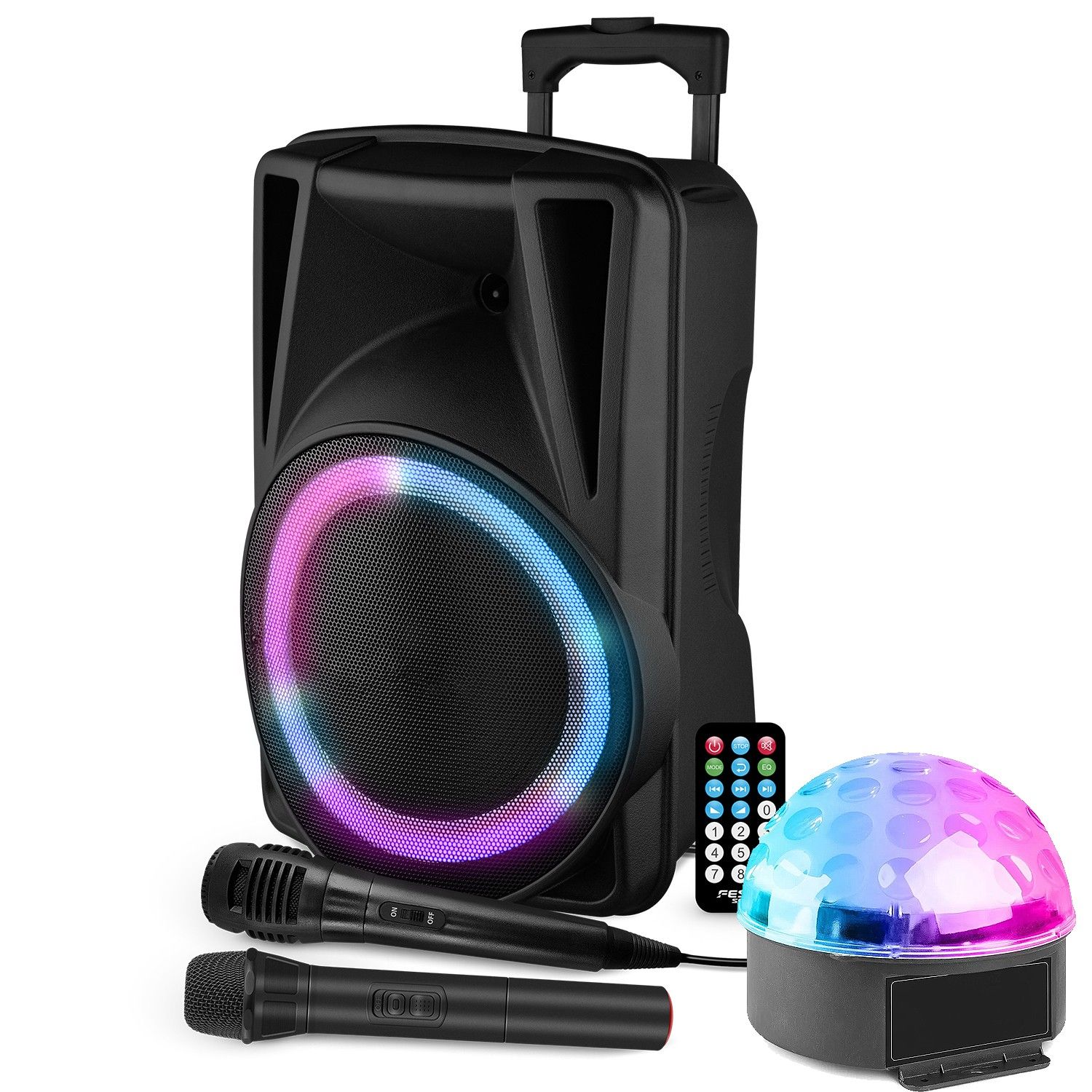 FestiSound Active 600W Speaker with USB, Bluetooth, Astro Ball Light Effect, and Wireless Microphones