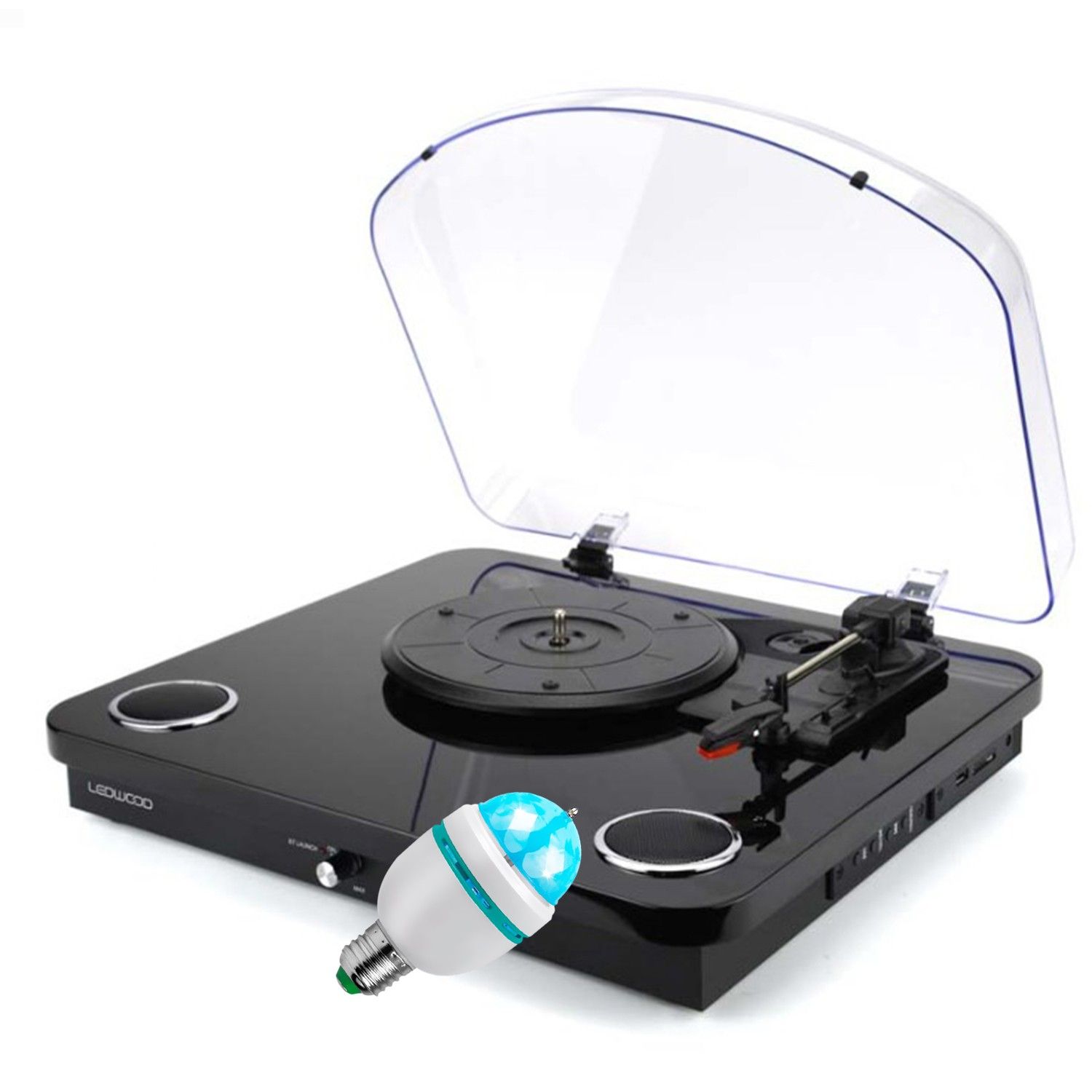 Ledwood Round-300 Black Vinyl Player - 33-45-78 Speeds, USB Encoding, Stereo Speakers 2x5W, Bluetooth, LED Light