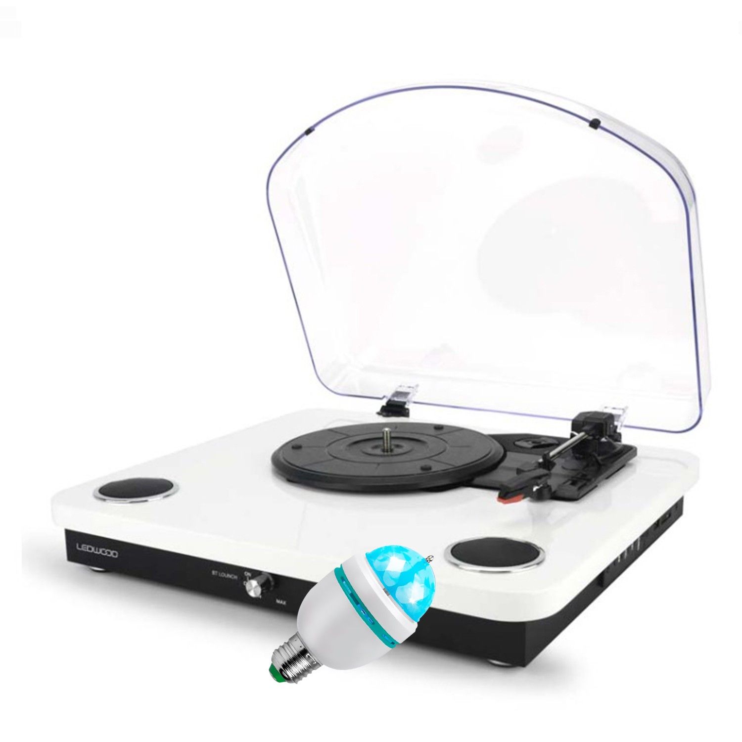 Ledwood ROUND300 White Vinyl Player - 33-45-78 Speeds, Stereo Speakers 2x5W, USB Encoding, Bluetooth, LED Bulb