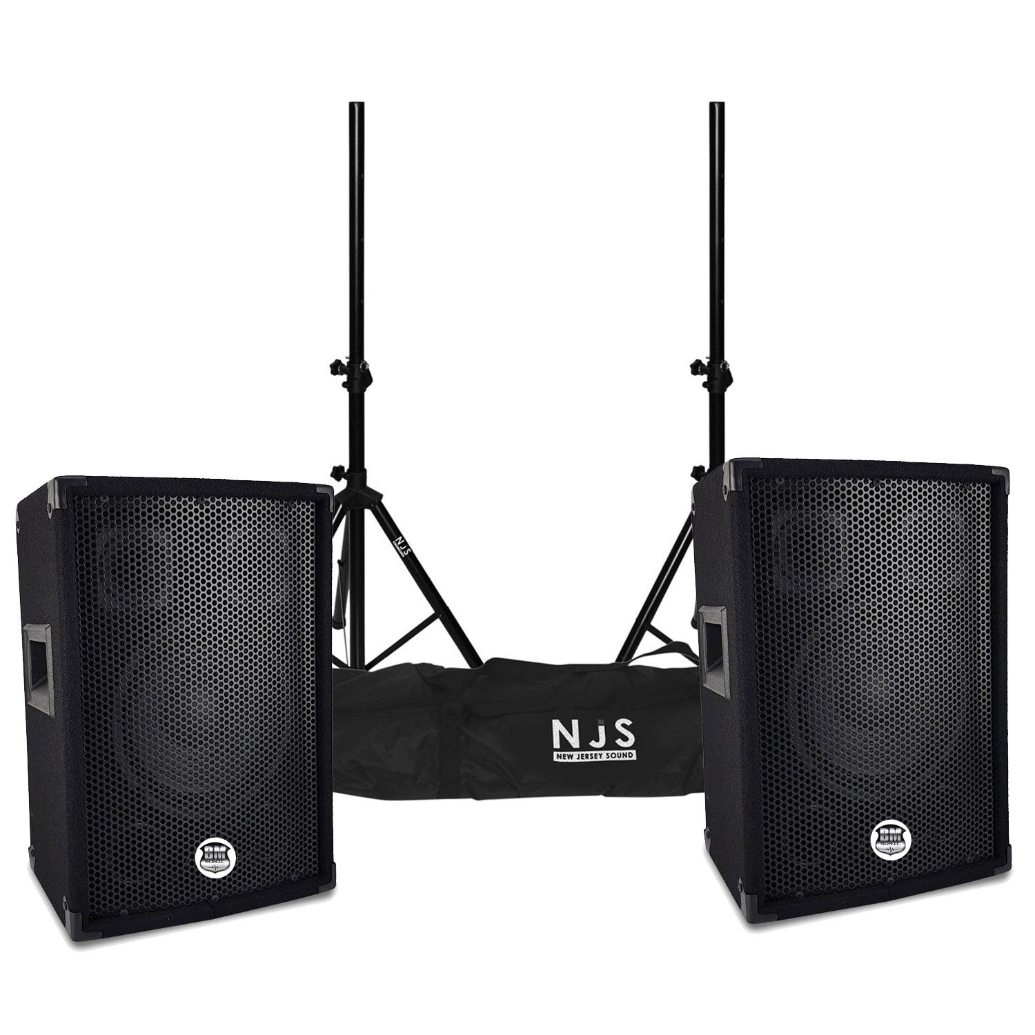 BM Sonic BMS-08 8"/20cm Bass Reflex Trapezoid 3-Way Speakers - 2 x 300W with Stand Mount and Bag
