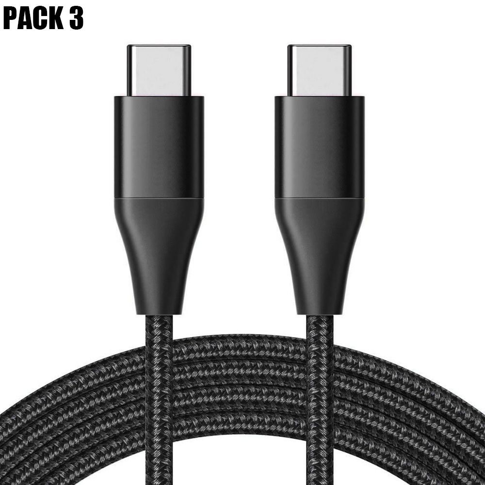 Lot de 3 câbles USB-C vers USB-C de chargement rapide 3A en nylon renforcé noir pour Samsung Galaxy A05s, A15, A25, A35, A55, S24 et S24 Ultra