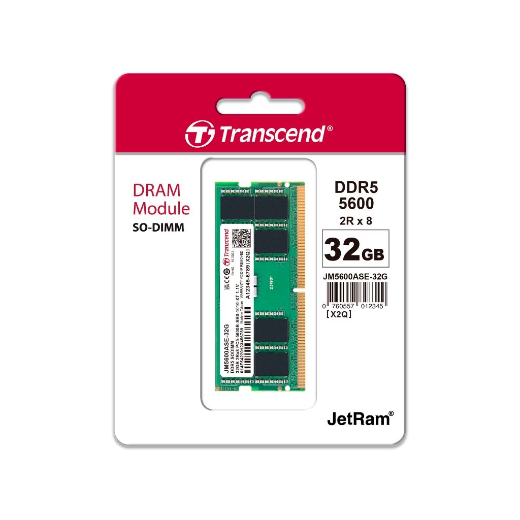 Transcend DDR5 32GB Module (288-Pin DIMM, 5600MHz, PC5-44800, CL46, 1.1V, Unbuffered, On-Die ECC)