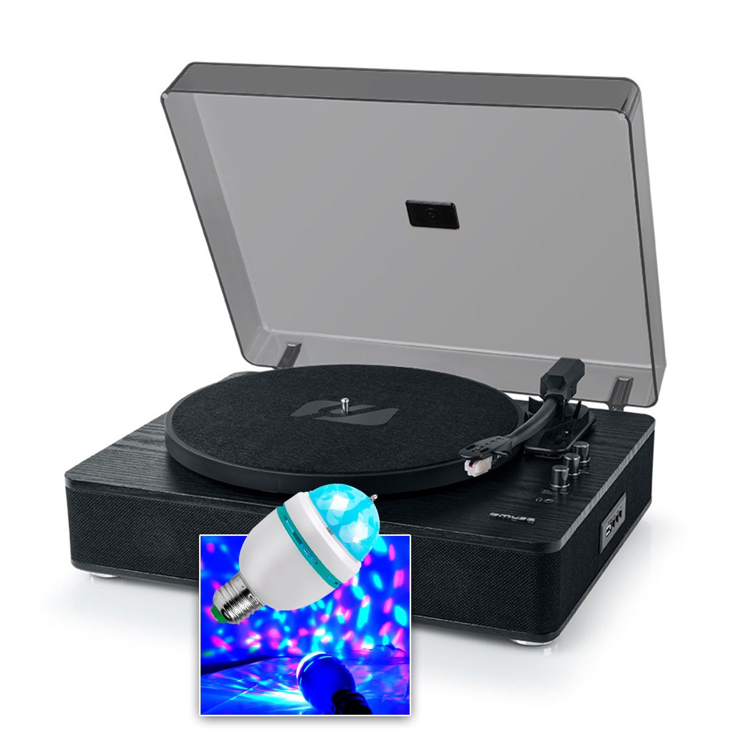 Turntable Muse MT-106 MADERA, estéreo Bluetooth 10W con lámpara LED Diams - 3 velocidades para discos de 33/45/78 RPM, puerto USB, altavoces integrados