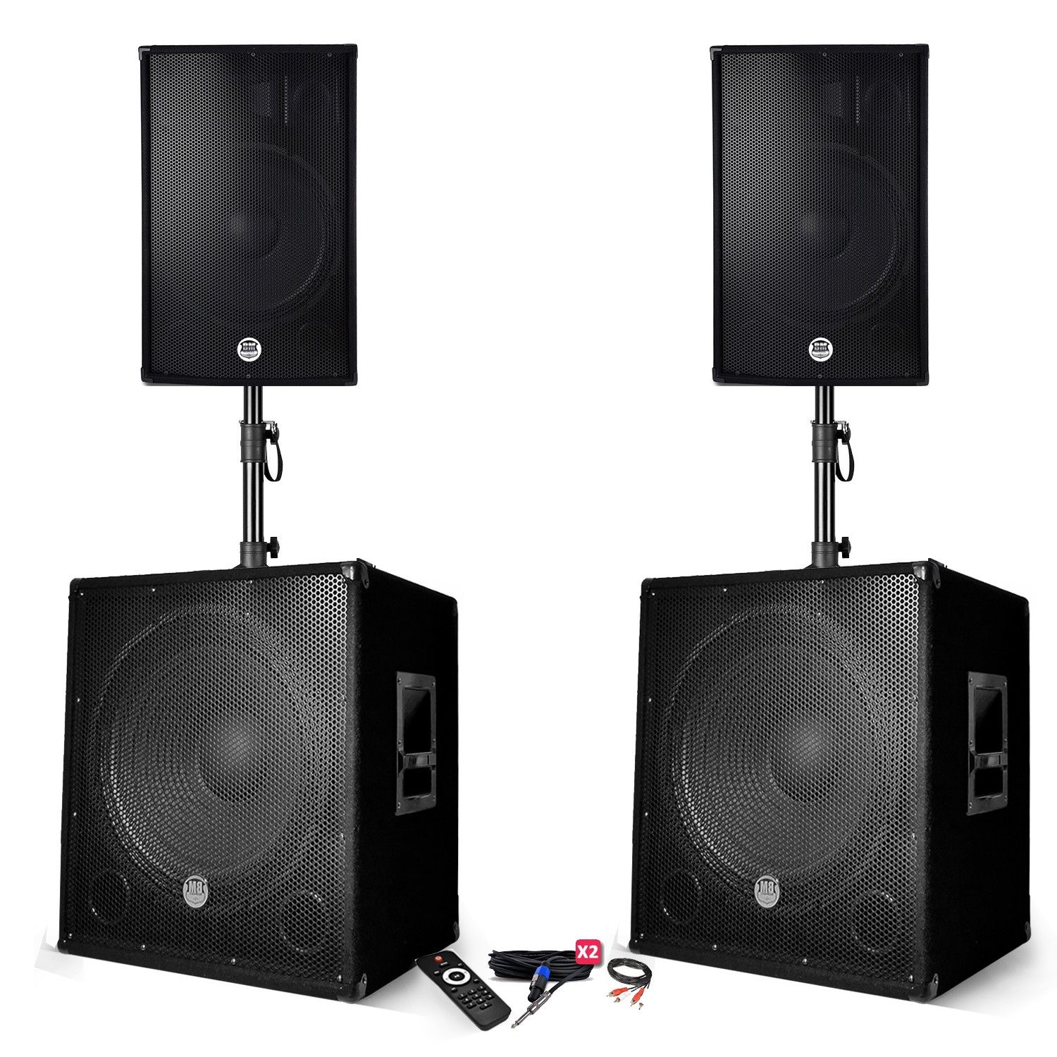 BM SONIC BMS-151515 3000W Sound System Package - 15" Speakers + 2 15" Subwoofers + Stands - USB/Bluetooth