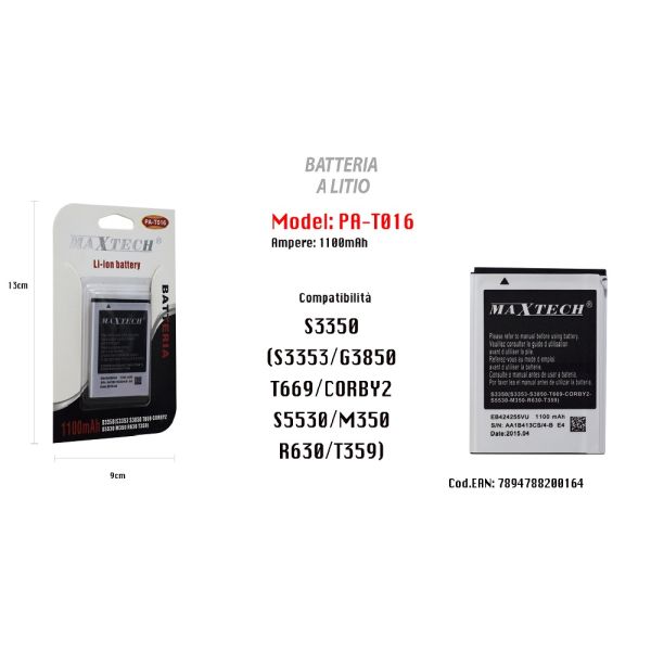 MaxTech Lithium Battery 1100mAh for Samsung S3350/S3353/S850/T669/Corby 2/S5530/M350/R630/T359