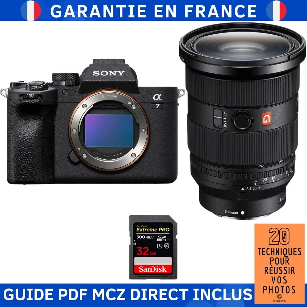 Appareil photo hybride Sony Alpha 7 IV + Objectif FE 24-70mm f/2.8 GM II + Carte SDXC SanDisk 32 Go Extreme PRO UHS-II 300 Mo/s + Guide MCZ DIRECT '20 techniques pour réussir vos photos'