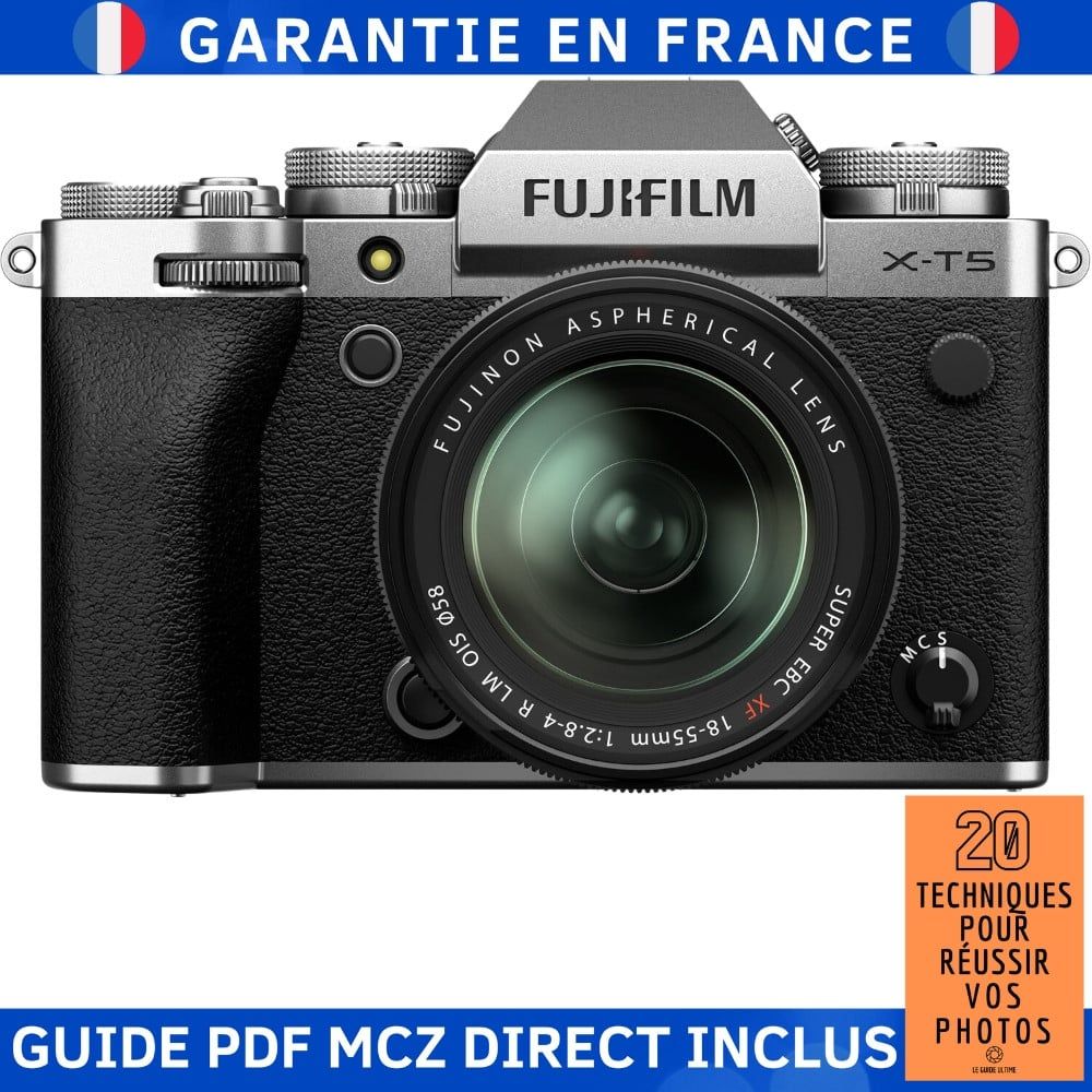 Appareil photo Fujifilm X-T5 + Objectif 18-55mm f/2.8-4 R LM OIS (Argent) avec guide PDF MCZ DIRECT '20 techniques pour réussir vos photos'
