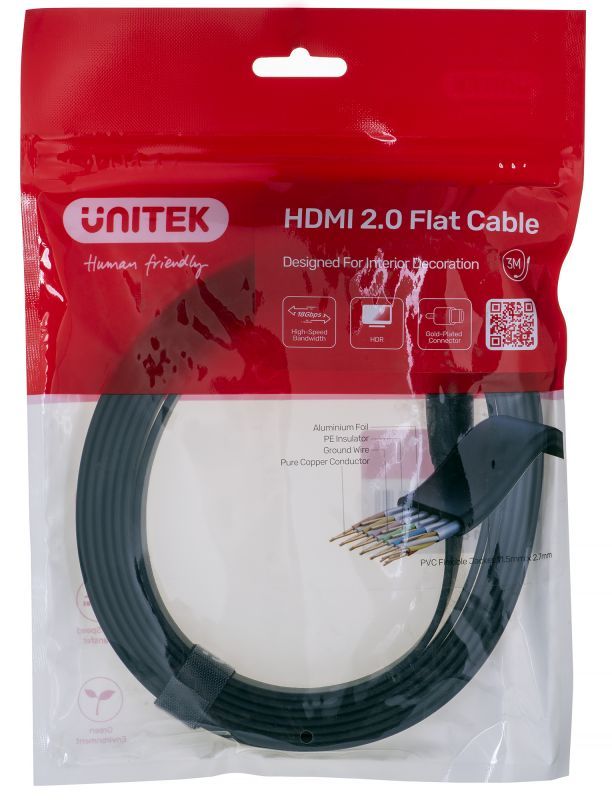 Unitek 2.0 HDMI Cable, 4K 60Hz, Flat, 3m (C11063BK-3M)