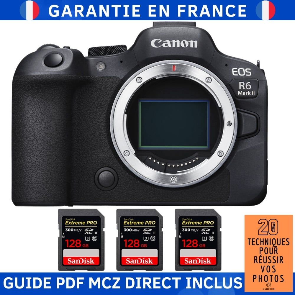 Canon EOS R6 Mark II Body + 3 SanDisk 128GB Extreme PRO UHS-II SDXC Cards 300MB/s