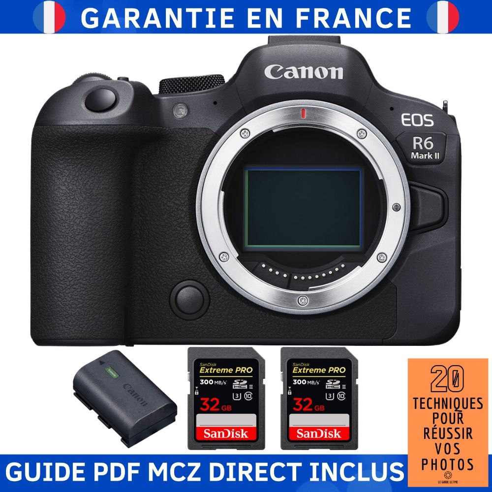 Canon EOS R6 Mark II Camera Body + 2 SanDisk 32GB Extreme PRO UHS-II SD Cards + Canon LP-E6NH Battery + MCZ DIRECT '20 Techniques Guide