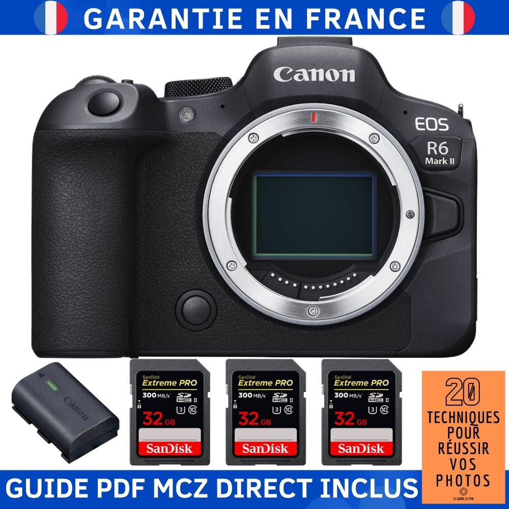 Canon EOS R6 Mark II Camera + 3 SanDisk 32GB Extreme PRO UHS-II Cards + Canon LP-E6NH Battery + MCZ DIRECT Guide: '20 Techniques for Succeeding in Photography