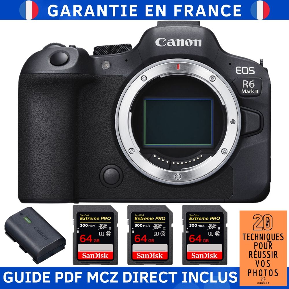 Canon EOS R6 Mark II Camera + 3 SanDisk 64GB Extreme PRO UHS-II 300MB/s Cards + Canon LP-E6NH Battery + '20 Techniques for Succeeding in Photography Guide