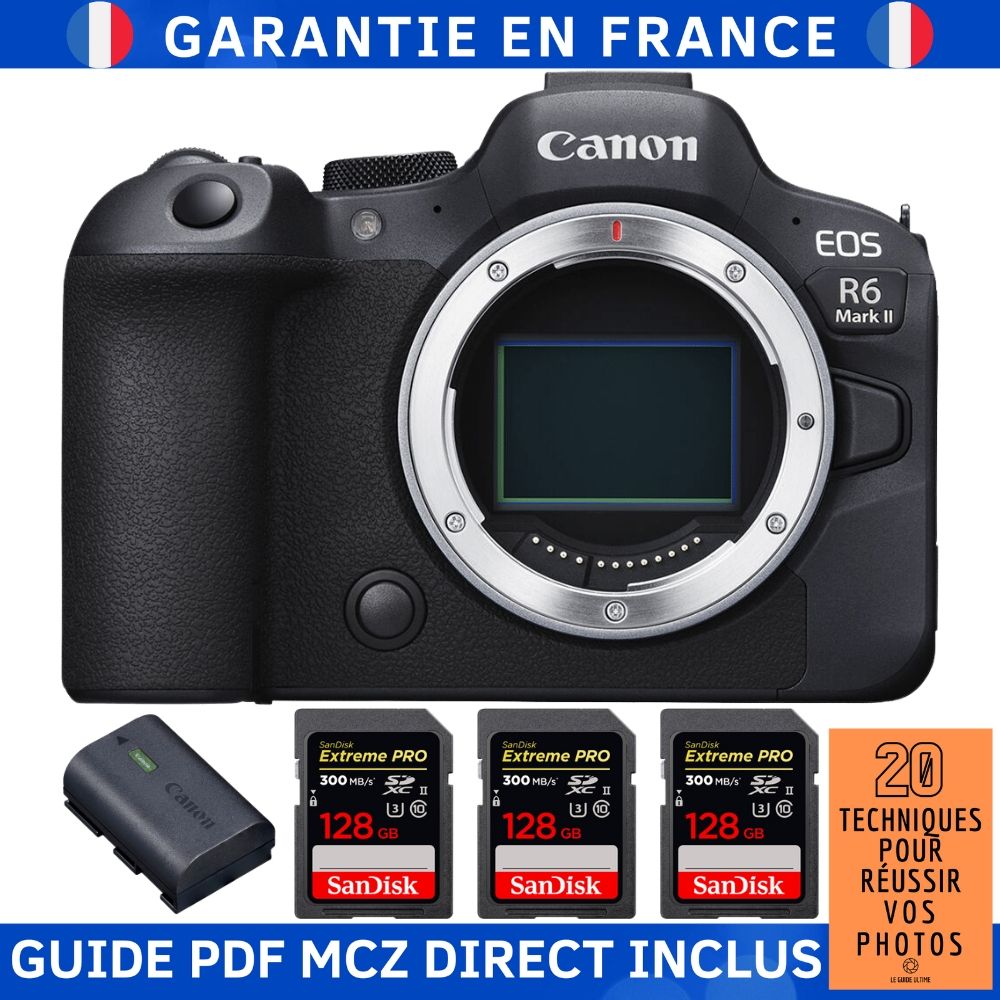 Canon EOS R6 Mark II Camera + 3 SanDisk 128GB Extreme PRO UHS-II 300MB/s Cards + Canon LP-E6NH Battery + MCZ DIRECT '20 Techniques for Succeeding with Your Photos