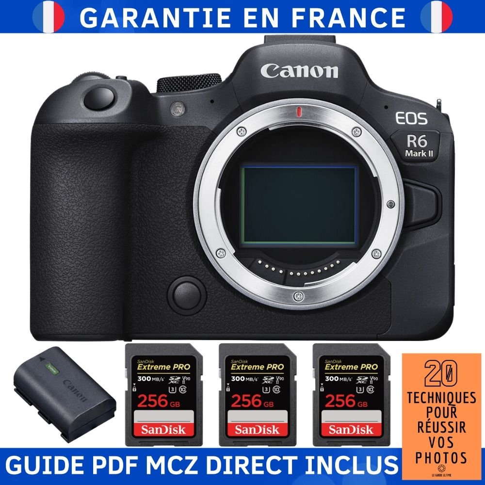 Canon EOS R6 Mark II Camera + 3 SanDisk 256GB Extreme PRO UHS-II 300MB/s Cards + Canon LP-E6NH Battery + MCZ DIRECT '20 Techniques for Succeeding in Photography Guide