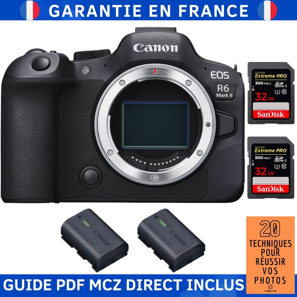 Canon EOS R6 Mark II Body + 2 SanDisk 32GB Extreme PRO UHS-II 300MB/s SD Cards + 2 Canon LP-E6NH Batteries + '20 Tech Tips Guide