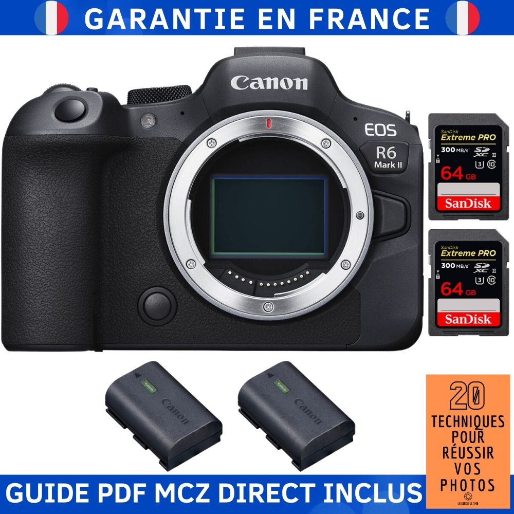 Canon EOS R6 Mark II Camera Body + 2 SanDisk 64GB Extreme PRO UHS-II 300MB/s Cards + 2 Canon LP-E6NH Batteries + '20 Techniques for Succeeding in Photography' Guide