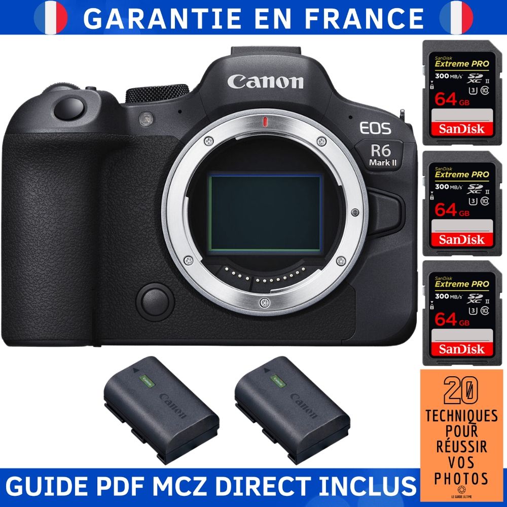 Canon EOS R6 Mark II Camera Body + 3 SanDisk 64GB Extreme PRO UHS-II 300MB/s Cards + 2 Canon LP-E6NH Batteries