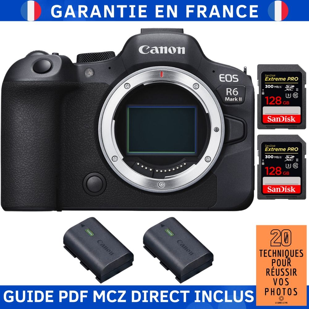Canon EOS R6 Mark II Body + 2 SanDisk 128GB Extreme PRO UHS-II 300MB/s Cards + 2 Canon LP-E6NH Batteries