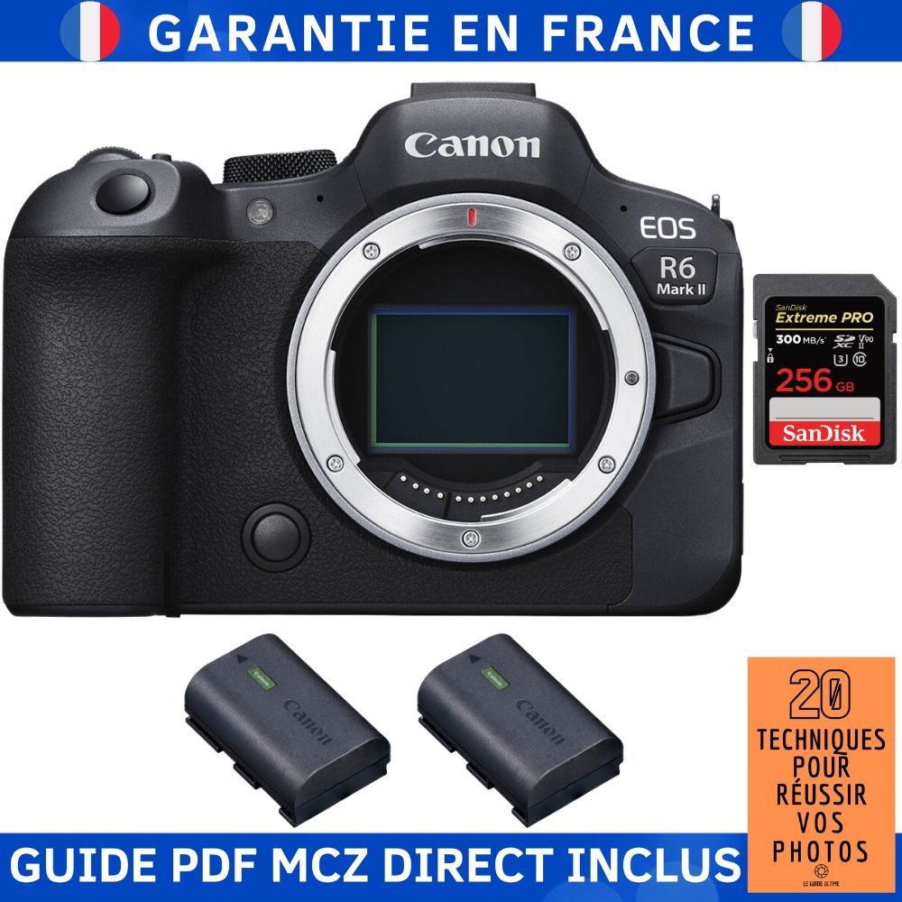 Canon EOS R6 Mark II Camera + 1 SanDisk 256GB Extreme PRO UHS-II 300MB/s Card + 2 Canon LP-E6NH Batteries + '20 Techniques for Successful Photos' Guide