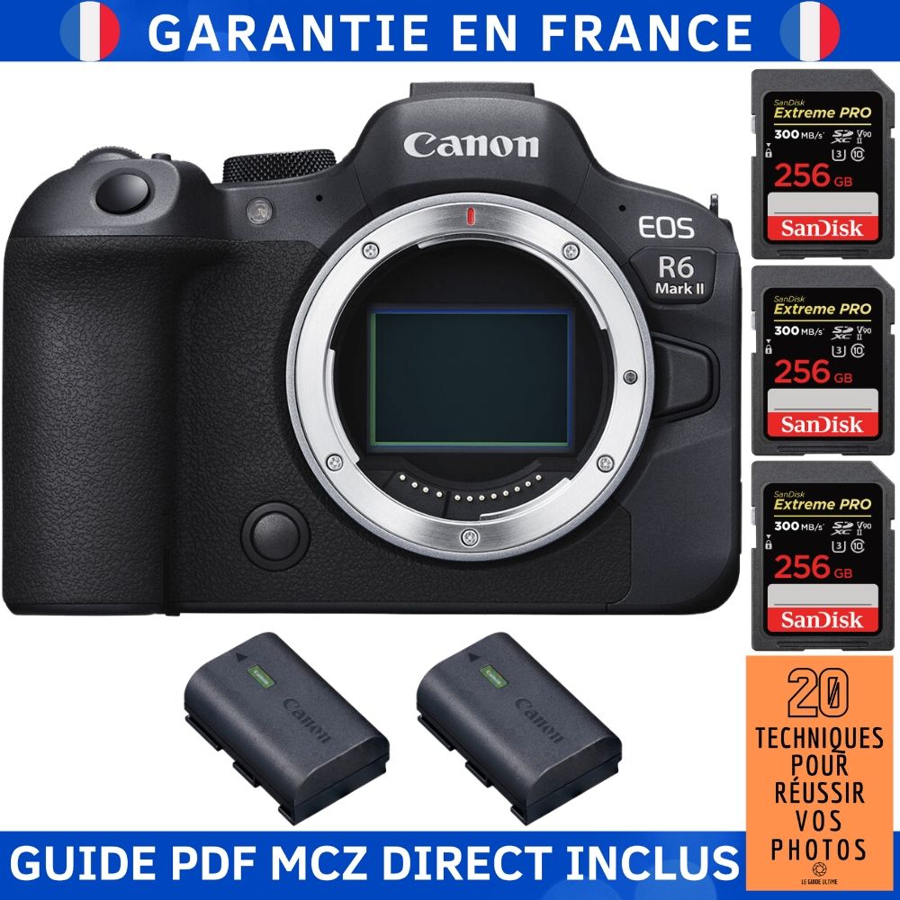 Canon EOS R6 Mark II Body + 3 SanDisk 256GB Extreme PRO UHS-II 300MB/s Cards + 2 Canon LP-E6NH Batteries