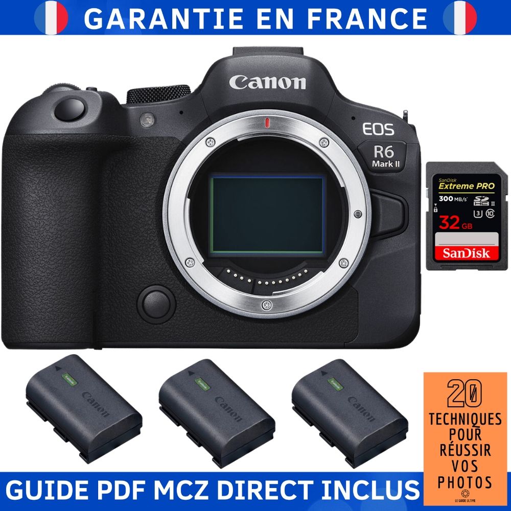 Canon EOS R6 Mark II Camera + 1 SanDisk 32GB Extreme PRO UHS-II 300MB/s Memory Card + 3 Canon LP-E6NH Batteries + MCZ DIRECT '20 Techniques for Successful Photos Guide