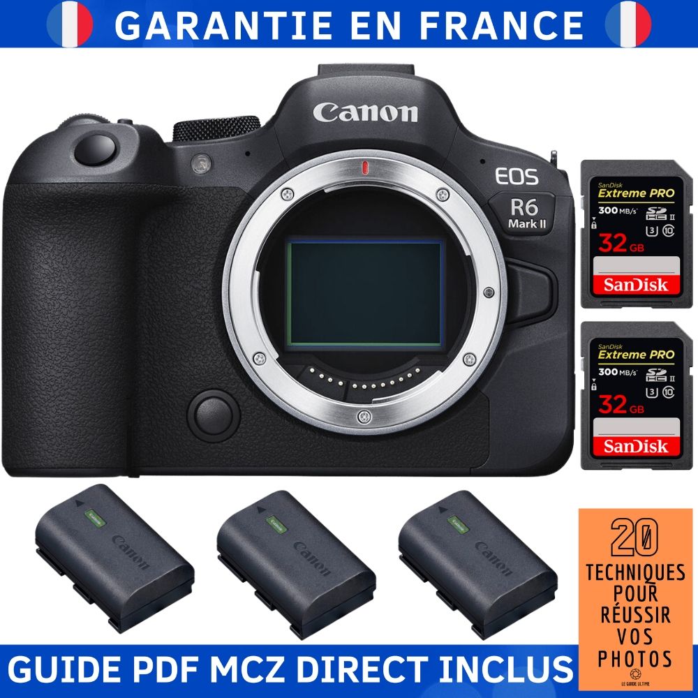 Canon EOS R6 Mark II Body + 2 SanDisk 32GB Extreme PRO UHS-II 300MB/s Cards + 3 Canon LP-E6NH Batteries + Guide PDF '20 Techniques for Succeeding in Your Photos'