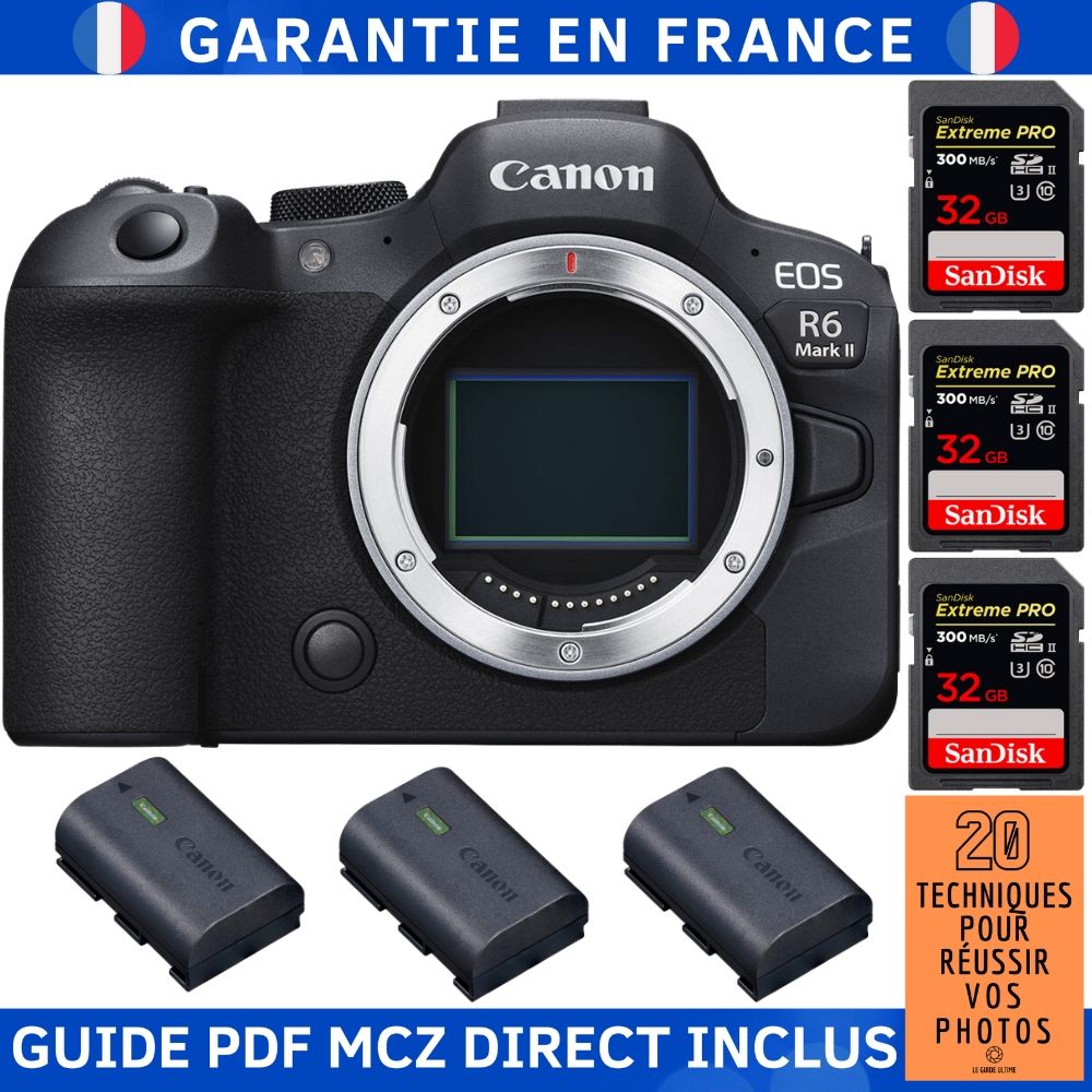 Canon EOS R6 Mark II Camera Body + 3 SanDisk 32GB Extreme PRO UHS-II 300MB/s Cards + 3 Canon LP-E6NH Batteries + '20 Techniques for Successful Photos' Guide